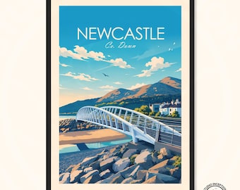 Newcastle County Down Travel Poster, Mourne Mountains Art Print, Slieve Donard Poster with custom options available add your own text.