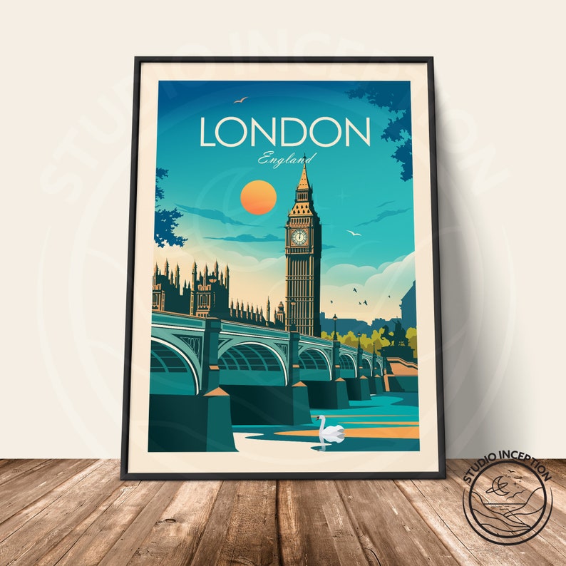 Pode incluir: Um design de p&ocirc;ster de viagem vintage com o Big Ben e uma ponte sobre um rio em Londres, Inglaterra. O p&ocirc;ster tem um esquema de cores azul, verde e amarelo com um p&ocirc;r do sol no fundo.