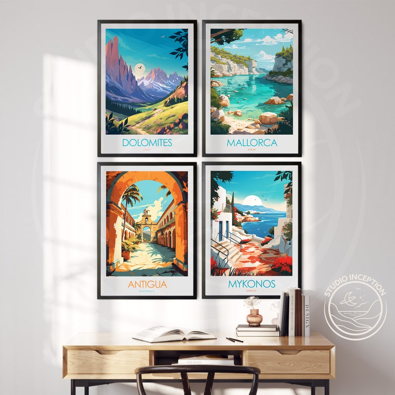 May include: Four framed travel posters with colorful illustrations of different destinations. The posters feature the locations of the Dolomites, Mallorca, Antigua, and Mykonos.