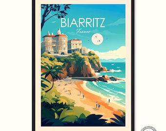 May include: A framed art print featuring a coastal scene of Biarritz, France. The illustration depicts a beach with people, buildings atop a cliff, and the text "BIARRITZ France" in a stylized font. The artwork is in a black frame.