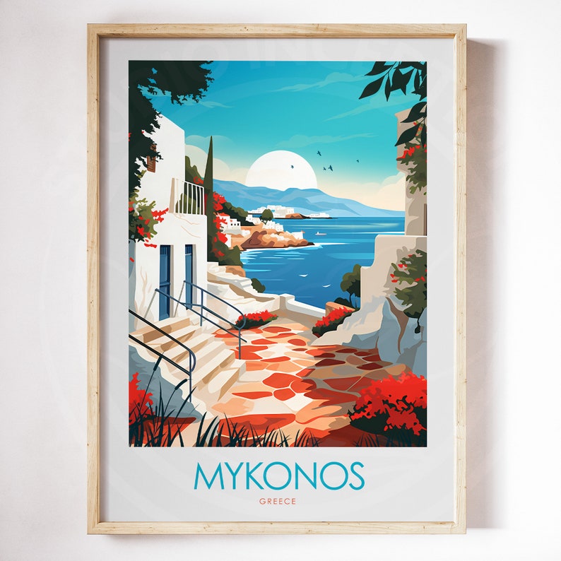May include: A colorful illustration of a white building with a blue door and a red tiled pathway leading to a view of the ocean. The text "MYKONOS GREECE" is at the bottom of the image.