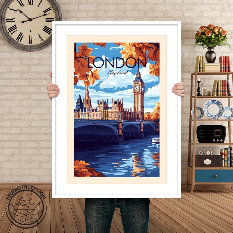 Puede incluir: Un p&oacute;ster de viaje de estilo vintage con una ilustraci&oacute;n colorida de las Casas del Parlamento y el Big Ben en Londres, Inglaterra. El p&oacute;ster tiene el texto "LONDON England" en una fuente en negrita y estilizada.