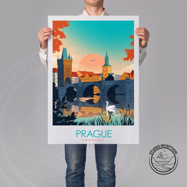 May include: A colorful illustration of Prague's Charles Bridge with a swan in the water. The text 'PRAGUE' and 'CZECH REPUBLIC' is below the image. The image is surrounded by a white border.