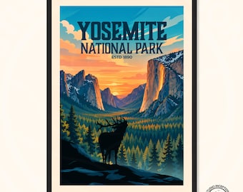 Yosemite National Park Poster - California Travel Print featuring Yosemite Valley and Firefall - Framing available