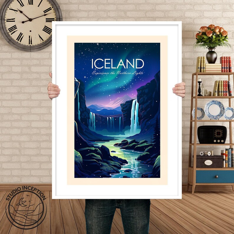 Island Traditioneller Druck mit der Nordlichter - Aurora Borealis Wandkunst, personalisiertes Reisegeschenk für Kunstliebhaber, Wohndekorgeschenk Bild 8