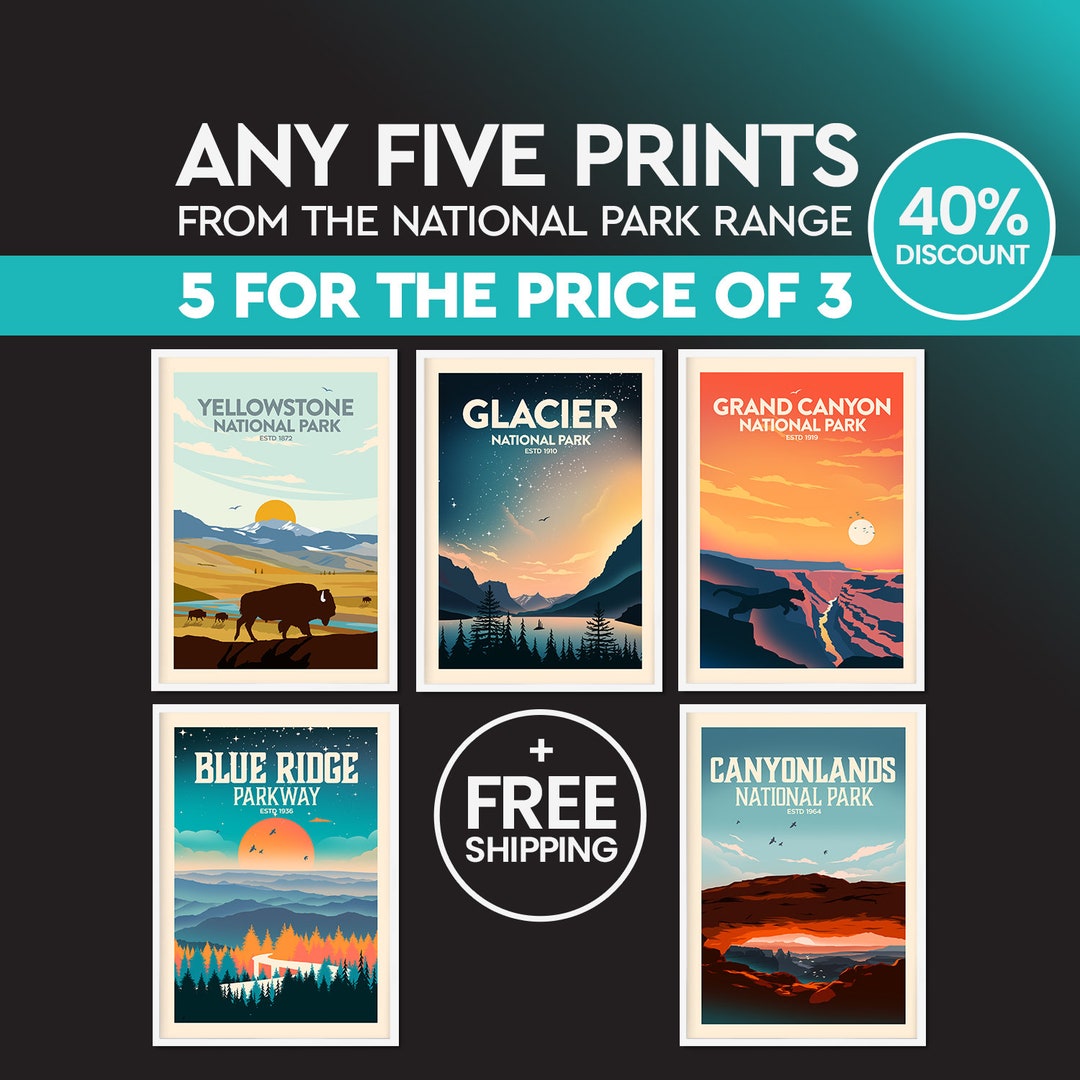 National Park Print set Set of 5 Prints National Park Art 