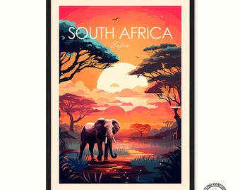 May include: A vintage travel poster with a sunset scene featuring an elephant walking through a river in a South African safari. The poster has the text "South Africa Safari" in a bold font.
