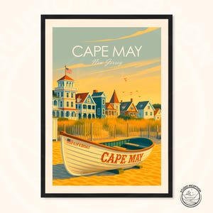 Cape May Travel Print | New Jersey Wall Art Poster | Cape May Beach Illustration | Coastal Town Decor | NJ Shore Gift Idea