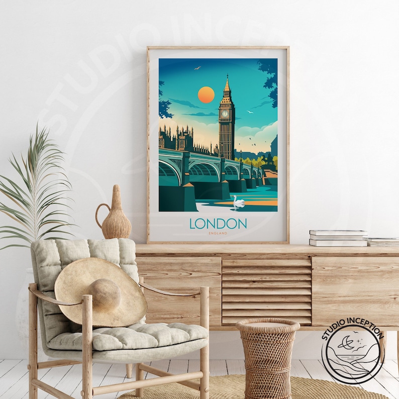 May include: A colorful illustration of Big Ben and the Houses of Parliament in London, England. The image is set against a blue sky with a bright orange sun. The text "LONDON ENGLAND" is at the bottom of the image.
