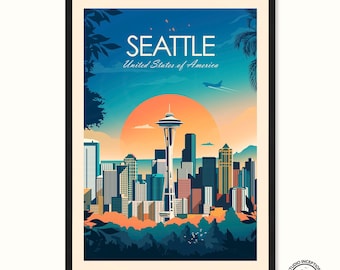Seattle Washington Travel Print featuring Seattle Skyline, Art Print, Travel Print, Travel Poster, Wall Art