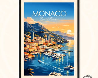 Monaco reisposter Monte Carlo muurkunst print, Franse Rivièra kustdecor, luxe jachthavenkunst, moderne mediterrane kunstwerken