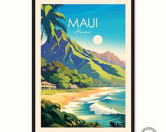 May include: A framed art print featuring a vibrant illustration of Maui, Hawaii. The artwork depicts a beach scene with lush green mountains, a bright blue sky, and ocean waves. The word "MAUI" is displayed at the top, with "Hawaii" below it.