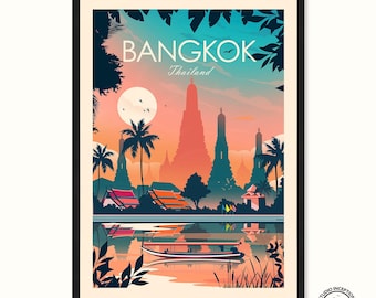 May include: Framed art print featuring a vibrant illustration of Bangkok, Thailand. The artwork showcases the city's skyline with temples, palm trees, and a boat on the water, set against a colorful sunset sky. The word "BANGKOK" is displayed at the top.