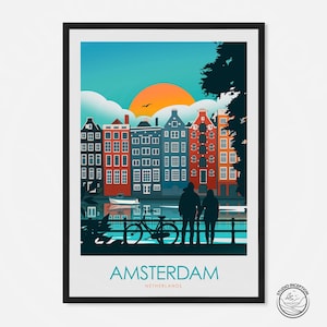 May include: A colorful illustration of a cityscape with a couple standing on a bridge overlooking a canal. The buildings are a mix of red, blue, and green, and the sky is a bright blue. The text "AMSTERDAM, NETHERLANDS" is printed below the image.