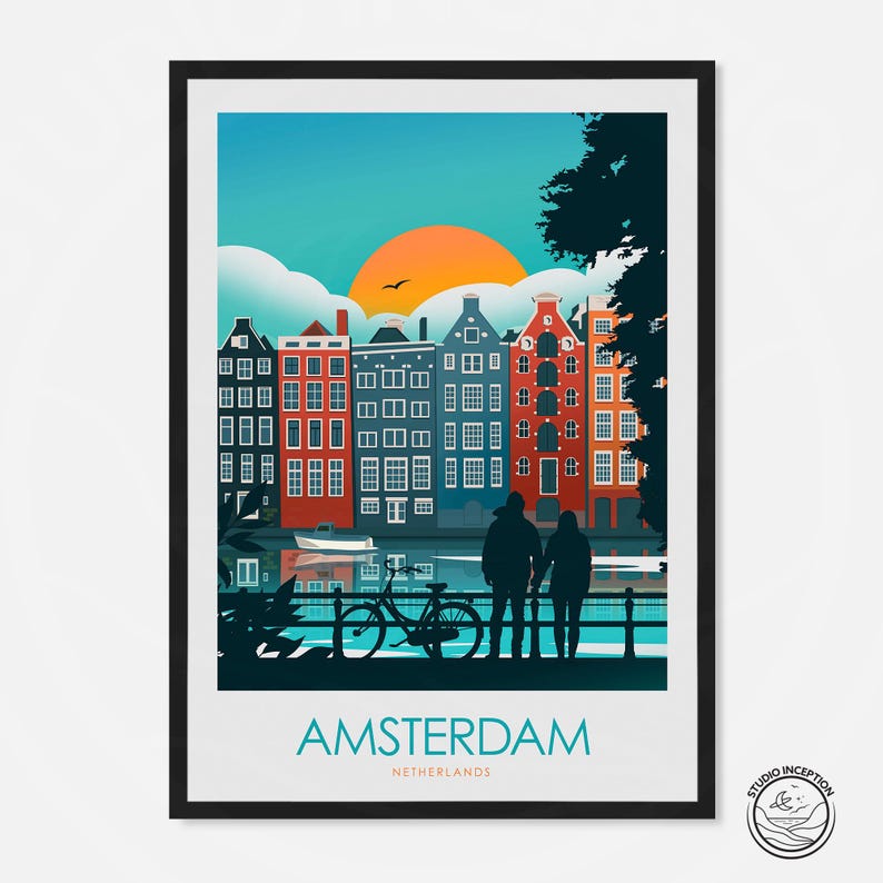 May include: A colorful illustration of a cityscape with a couple standing on a bridge overlooking a canal. The buildings are a mix of red, blue, and green, and the sky is a bright blue. The text "AMSTERDAM, NETHERLANDS" is printed below the image.