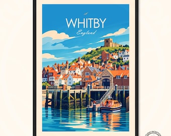 Whitby Harbour Print, North Yorkshire Travel Poster, Whitby Abbey England Wall Art