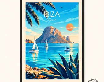Ibiza Travel Poster: Spanish Coast, Sailboats, Palm Trees (Print)