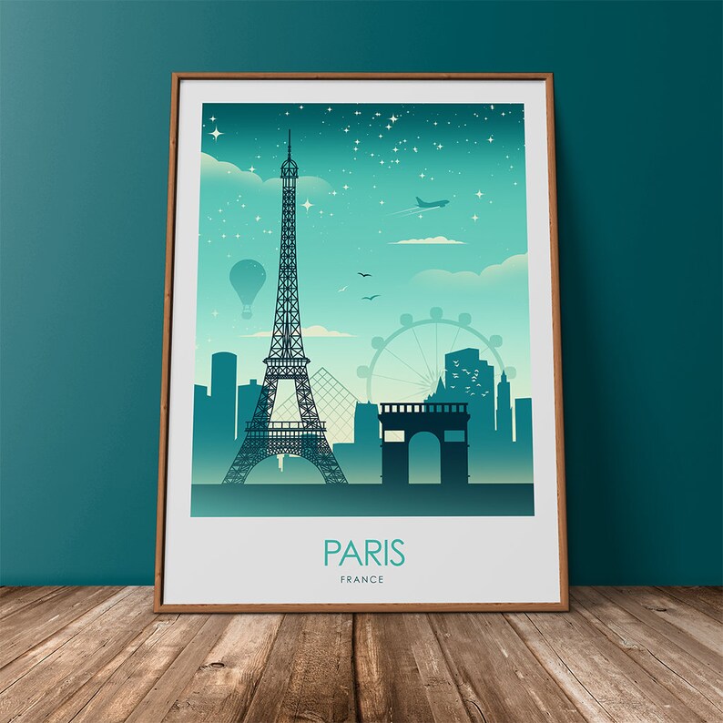 May include: A teal and white poster with a silhouette of the Eiffel Tower, the Arc de Triomphe, and other Parisian landmarks. The poster says "Paris, France" at the bottom.