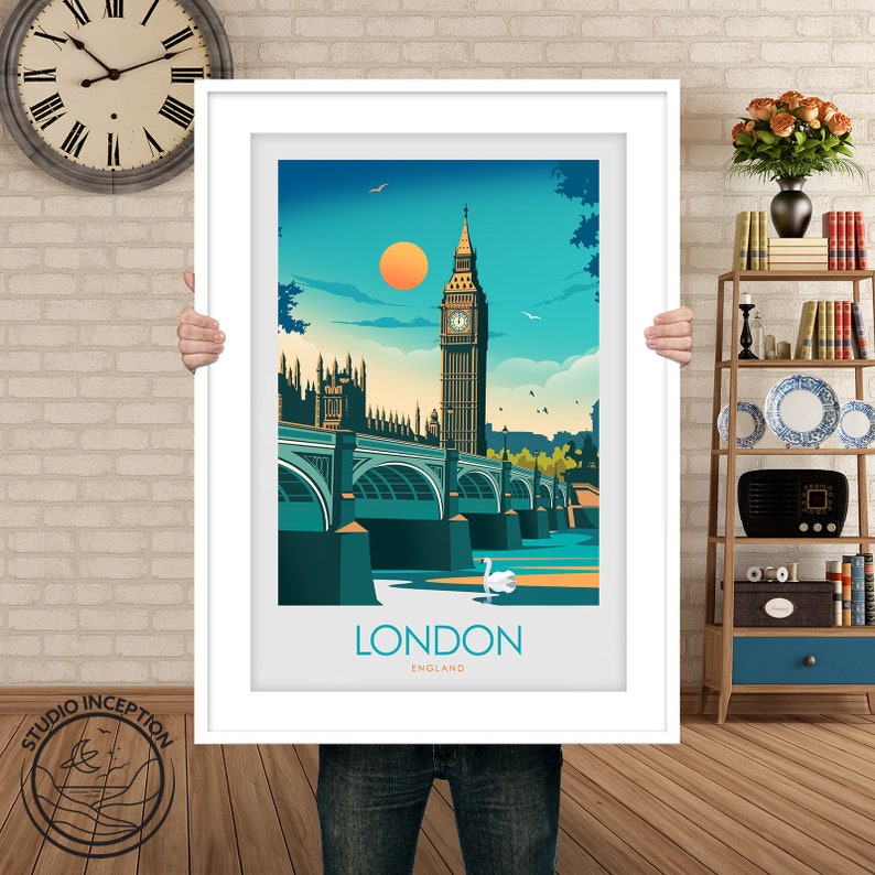May include: A colorful illustration of Big Ben and the Houses of Parliament in London, England. The image features a blue sky, a bright orange sun, and a white swan swimming in the river Thames.