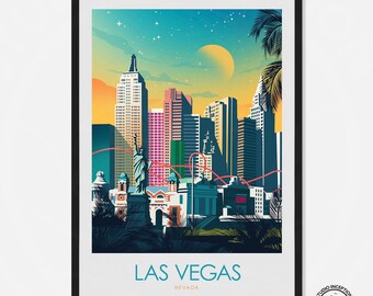 Könnte beinhalten: Eine farbenfrohe Illustration der Skyline von Las Vegas bei Nacht mit einem leuchtend gelben Mond und Sternen. Die Stadt ist mit hohen Gebäuden, Palmen und einem rosafarbenen Gebäude mit einer Freiheitsstatue davor dargestellt. Der Text "Las Vegas, Nevada" befindet sich am unteren Rand des Bildes.
