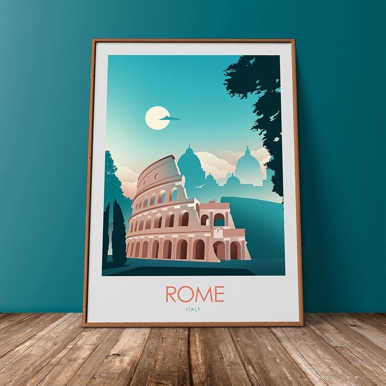 Puede incluir: Una ilustraci&oacute;n colorida del Coliseo en Roma, Italia. El Coliseo es de color marr&oacute;n claro con un cielo azul y &aacute;rboles verdes en el fondo. El texto "ROMA" e "ITALIA" est&aacute; impreso debajo de la imagen.