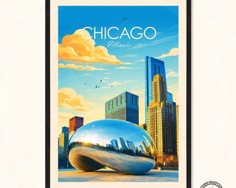 Reisposter Chicago Illinois met 'The Bean' Cloud Gate, verkrijgbaar in verschillende maten. Gepersonaliseerde cadeaus en woondecoraties