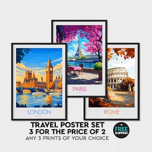 May include: A set of three framed travel posters featuring iconic landmarks: London's Big Ben, the Eiffel Tower in Paris, and the Colosseum in Rome. The posters have colorful illustrations and the city names are displayed at the bottom. The text "TRAVEL POSTER SET" is also visible.