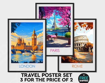 Set van 3 reisposters van elke stad of locatie, 3 posters voor de prijs van 2, kies een ontwerp en formaat. Meer dan 1000 ontwerpen.