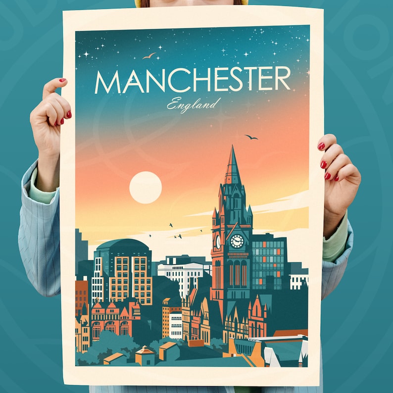 May include: A vintage-style poster with a colorful illustration of the Manchester Town Hall in England. The poster features a red, white, and blue color scheme and the text "Manchester, England".