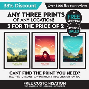 Money Saving Offer - Any 3 Prints of your Choice, Choose Your Size, Travel Poster, Travel Print, Art Prints, Art Gifts, National Park Poster image 3