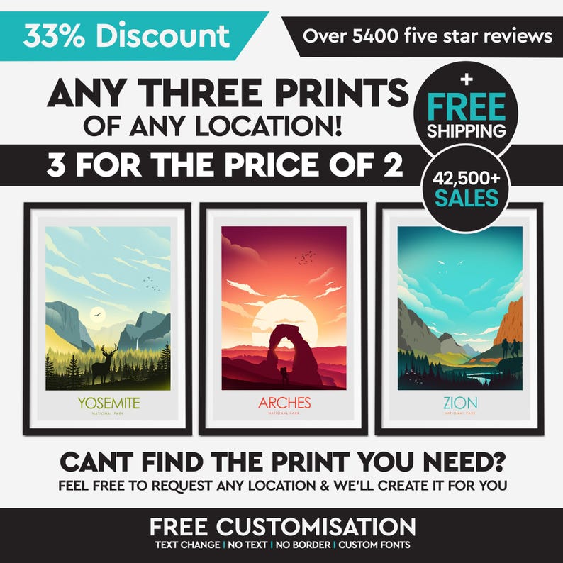 Money Saving Offer - Any 3 Prints of your Choice, Choose Your Size, Travel Poster, Travel Print, Art Prints, Art Gifts, National Park Poster image 3