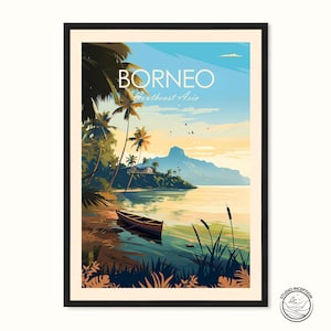 Stampa di viaggio tradizionale del Borneo, poster di viaggio del Borneo, stampa del Borneo, poster del sud-est asiatico, regalo da parete per il Borneo, stampe incorniciate