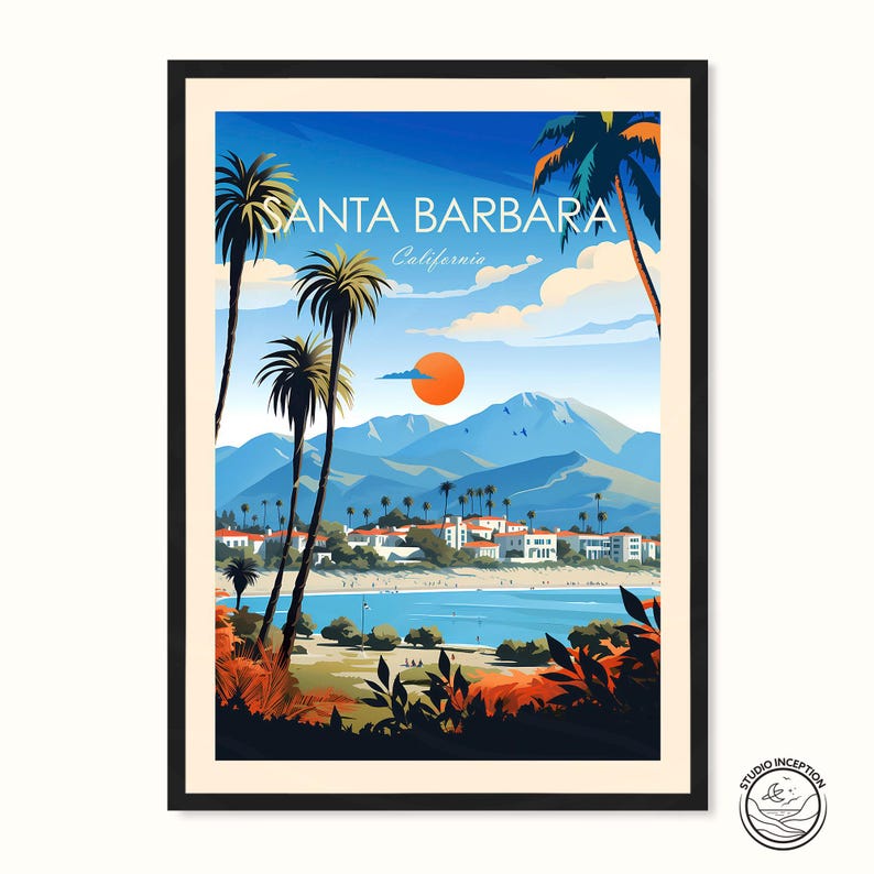 Santa Barbara Traditional Travel Print California Poster Santa Barbara Photo USA Travel Art Travel Gift with Customised Options image 1