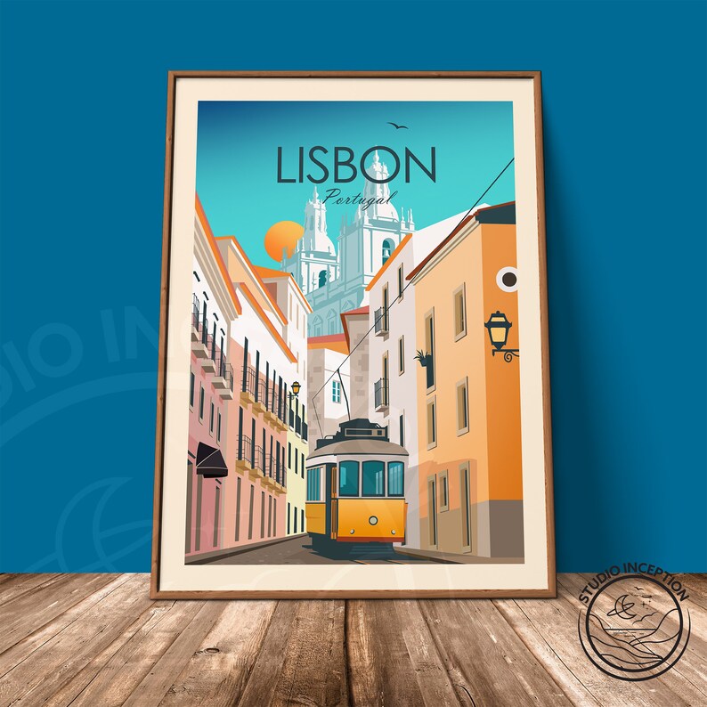 May include: A vintage travel poster featuring a yellow tram traveling down a narrow street in Lisbon, Portugal. The poster has a retro, illustrated style and features a church in the background.