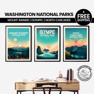 Ensemble d'impressions Parc national de Washington | Lot de 3 impressions | Affiches de voyage | Mont Rainier | Olympique | Cascades du Nord | Cadeau de randonnée Impression artistique