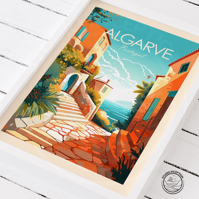 May include: A colorful illustration of a street scene in Algarve, Portugal. The image features a cobblestone street leading up to a building with a blue door. The building is painted in shades of orange and yellow, and there are green plants growing on the side. The sky is blue with white clouds, and the ocean is visible in the distance.