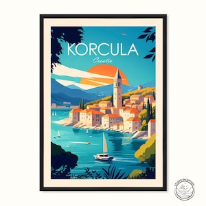 May include: A vintage travel poster featuring a colorful illustration of the town of Korcula, Croatia. The poster features a blue sky, a bright yellow sun, and a picturesque town with a tall bell tower. The text "KORCULA Croatia" is displayed in a bold, white font.
