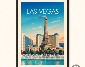 Las Vegas Poster, Nevada skyline Print,  Bellagio Hotel and Eiffel Tower Art