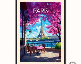 Paris Cafe Print Eiffel Tower Paris Travel Poster France Wall Art Parisian Art Print Wedding gift Honeymoon Engagement present custom text