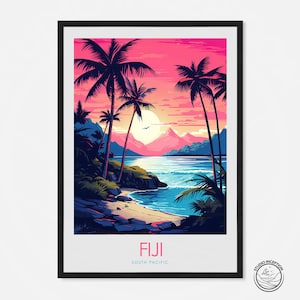 Impresión de viaje de Fiji al atardecer, galería colgante de pared del Pacífico Sur, arte de viaje enmarcado, carteles de viaje con personalización opcional para regalar