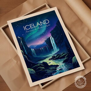 Island Traditioneller Druck mit der Nordlichter - Aurora Borealis Wandkunst, personalisiertes Reisegeschenk für Kunstliebhaber, Wohndekorgeschenk Bild 4