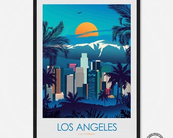 May include: A colorful illustration of the Los Angeles skyline with palm trees and a setting sun. The text "Los Angeles, California" is at the bottom of the image.