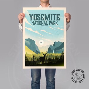 May include: A vintage-style poster with a blue, green, and yellow color scheme depicting a scenic view of Yosemite National Park, California. The poster features a silhouette of a deer in the foreground, with the text "Yosemite National Park Estd 1890" at the top.