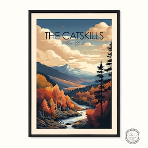 Stampa di viaggio tradizionale dei Catskills, stampa artistica di New York, stampa di viaggio, poster di viaggio, arte murale, regalo di viaggio, arte di viaggio dei Catskills