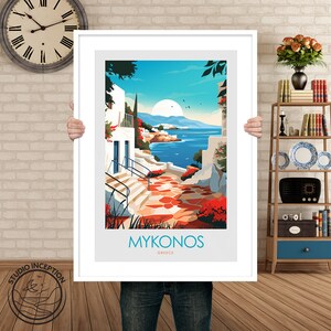 May include: A colorful illustration of a white building with a blue door and a red tiled walkway leading to a blue ocean. The text "Mykonos, Greece" is at the bottom of the image.