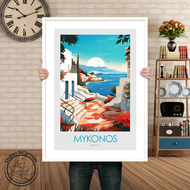 May include: A colorful illustration of a white building with a blue door and a red tiled walkway leading to a blue ocean. The text "Mykonos, Greece" is at the bottom of the image.