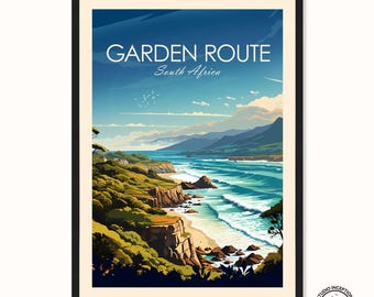 Puede incluir: Un cartel de viaje vintage con una combinación de colores azul, verde y blanco que presenta una vista panorámica de la Ruta Jardín en Sudáfrica. El cartel tiene el texto "GARDEN ROUTE" y "Sudáfrica" en una fuente blanca sin serif.