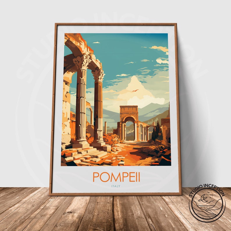 May include: A vintage travel poster featuring a colorful illustration of the ruins of Pompeii, Italy. The poster has a blue sky with white clouds and a red bird flying overhead. The text "POMPEII" and "ITALY" is printed in white at the bottom of the poster.