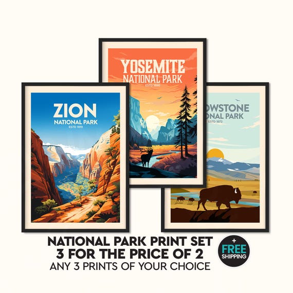 National Park Art | Set of 3 Prints | National Park Print | Yosemite Print | Grand Canyon Print | Rocky Mountain
