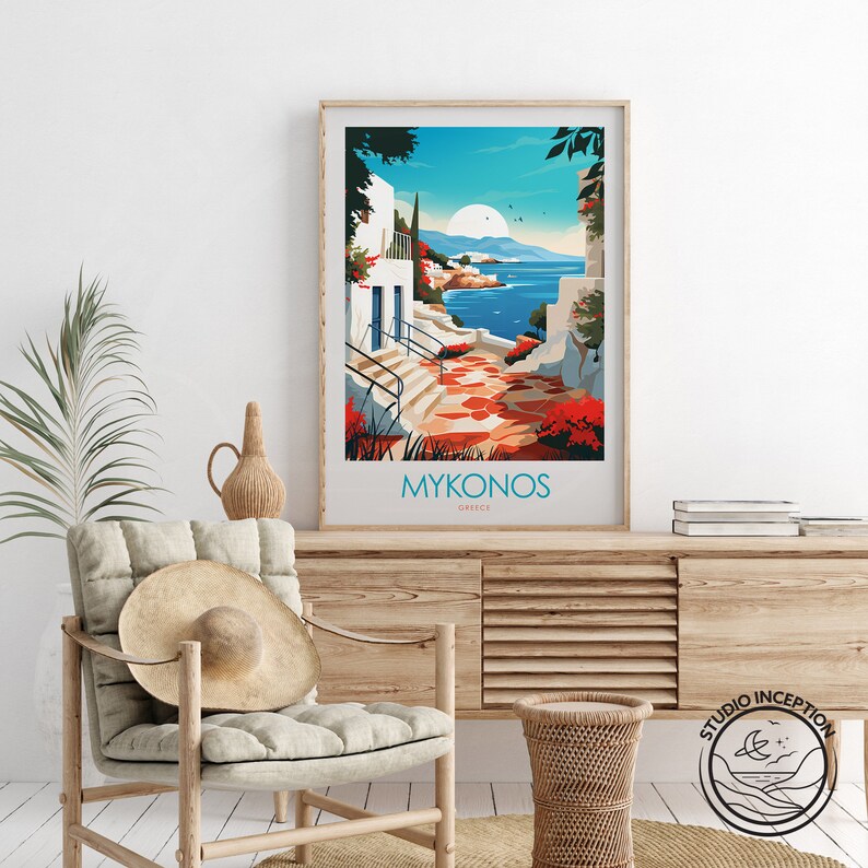 May include: A colorful illustration of a white building with a blue door and a red tiled path leading to the ocean. The text "MYKONOS GREECE" is at the bottom of the image.